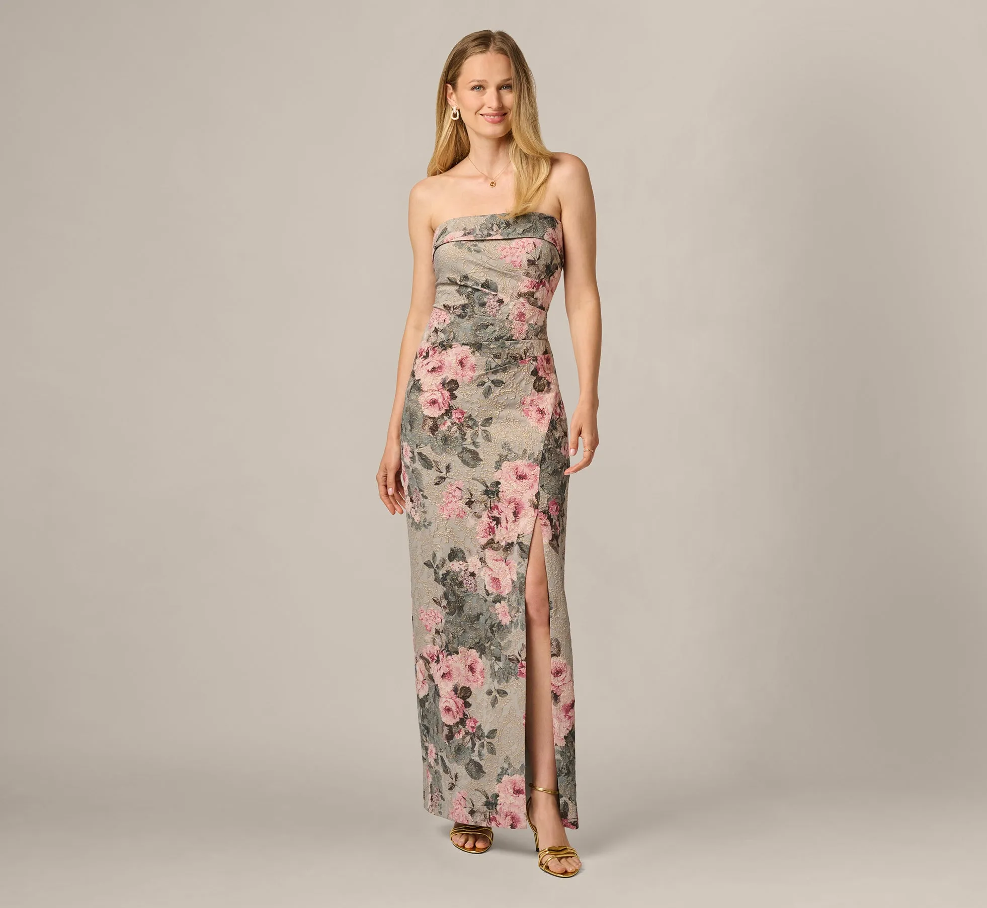 Strapless Floral Matelasse Column Gown In Slate Blush Multi sold by Adrianna Papell product image thumbnail 2