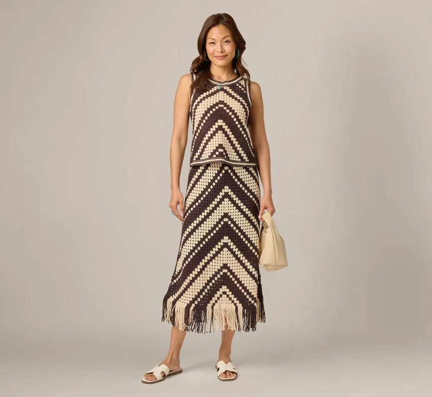 Crochet Knit Fringe Midi Skirt In Chocolate Cream made by Adrianna Papell