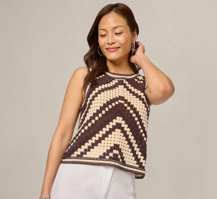 Open Crochet Knit Tank Top In Chocolate Cream made by Adrianna Papell