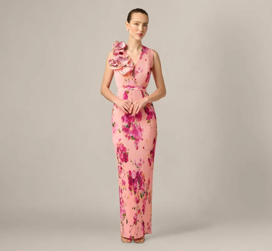 Floral Flounce Shoulder Pleated Gown In Pink Multi made by Aidan Mattox