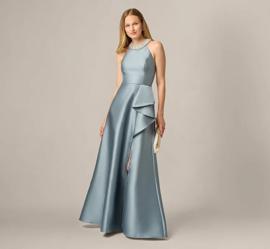 Beaded Halter Draped Mikado Gown In Icy Opaline made by Adrianna Papell