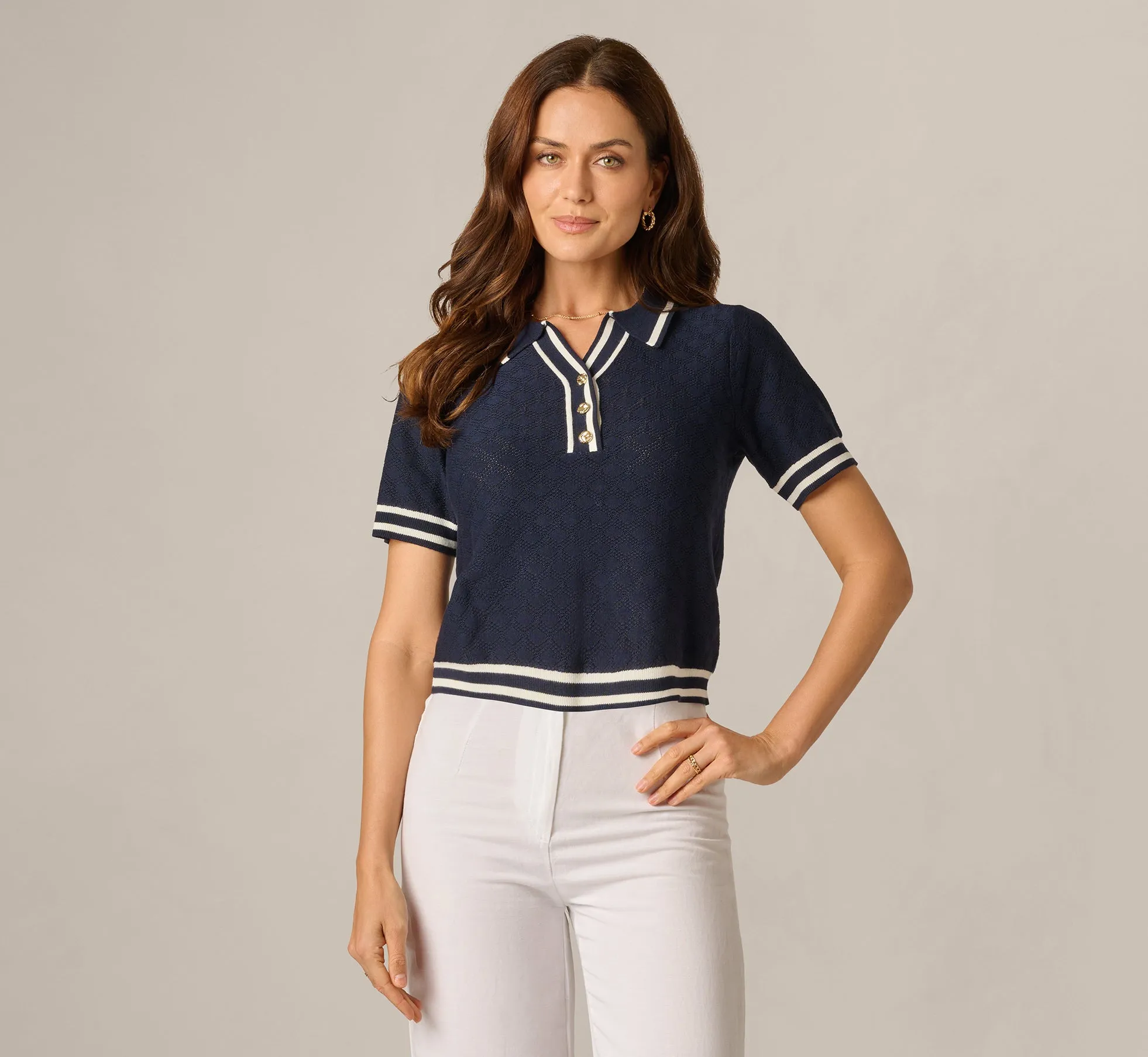 Short Sleeve Open Pointelle Knit Tipped Polo Top In Navy Ivory sold by Adrianna Papell product image thumbnail 3