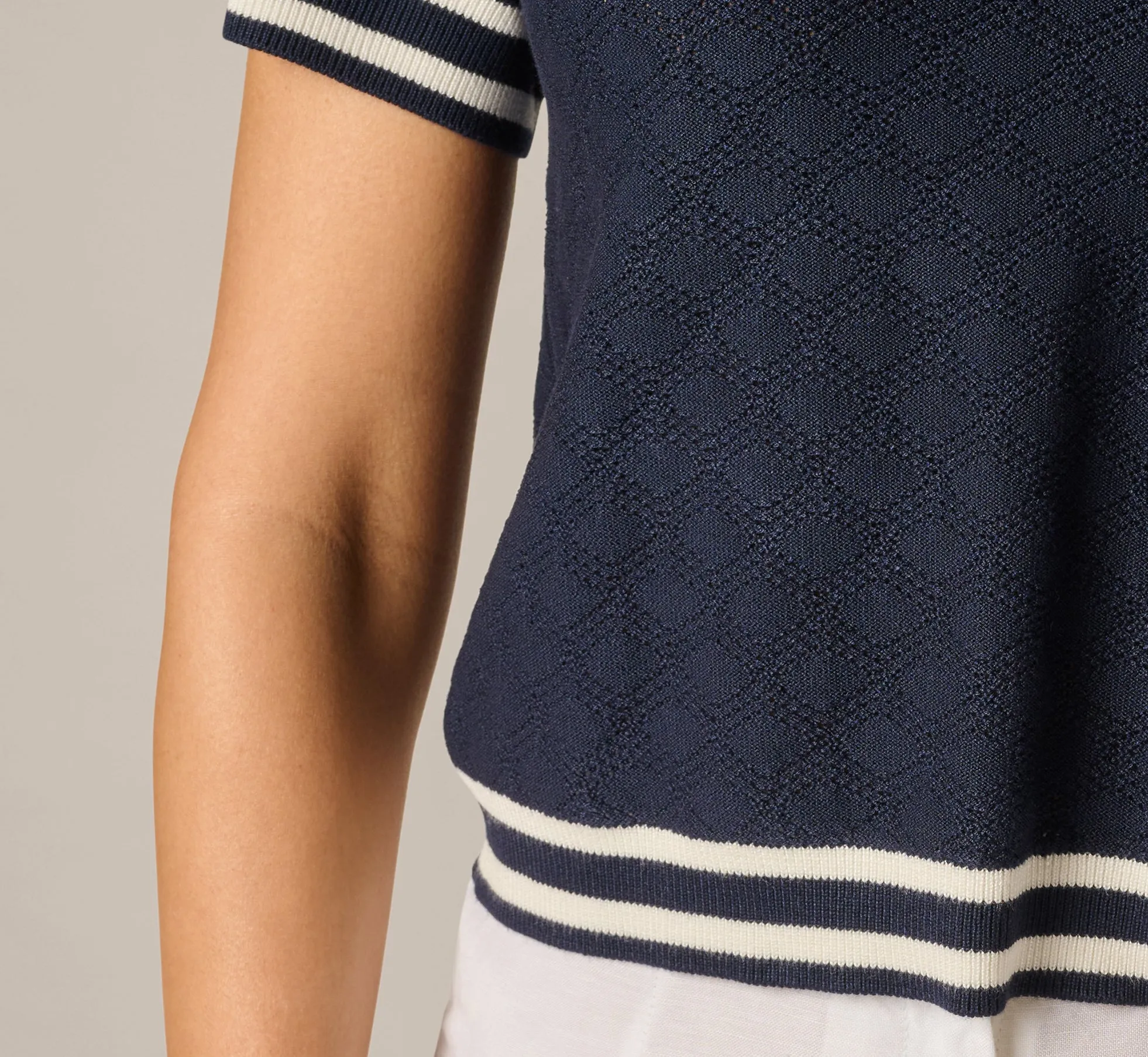 Short Sleeve Open Pointelle Knit Tipped Polo Top In Navy Ivory sold by Adrianna Papell product image thumbnail 5