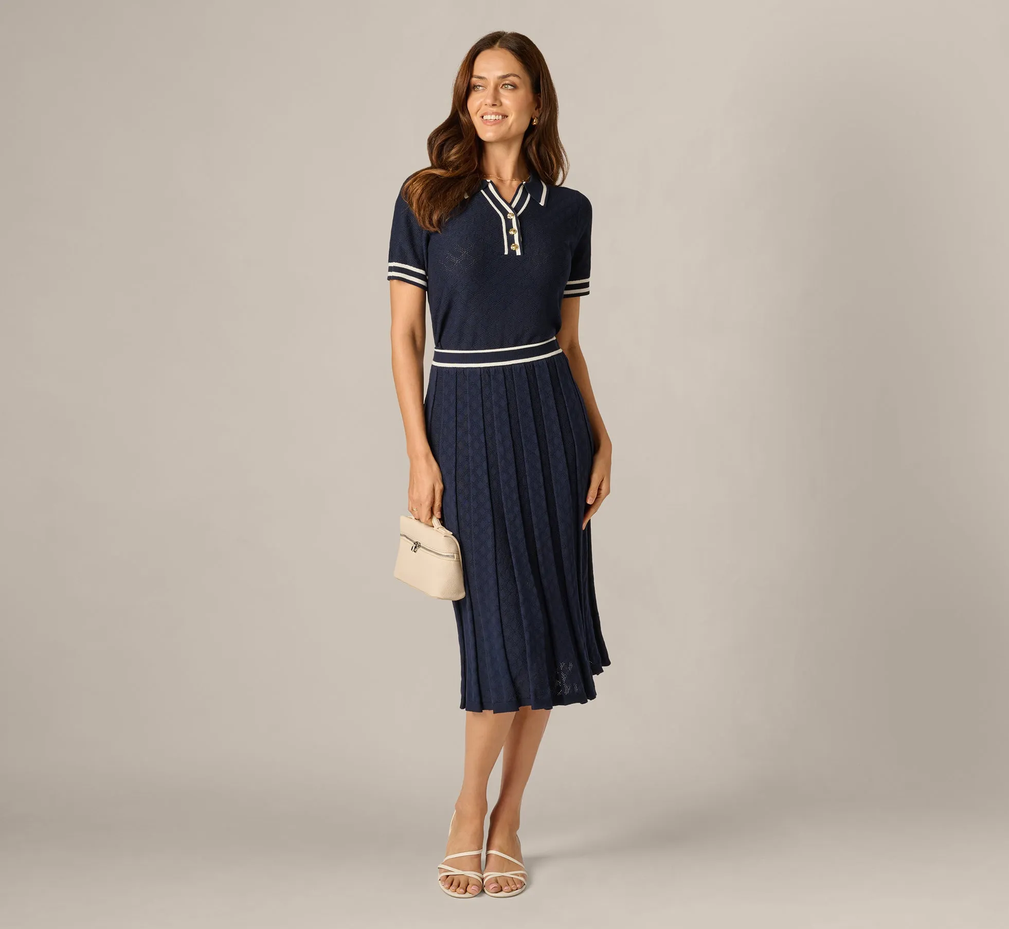 Short Sleeve Open Pointelle Knit Tipped Polo Top In Navy Ivory sold by Adrianna Papell product image thumbnail 2