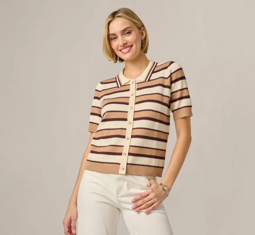 Short Sleeve Textured Knit Collared Cardigan Sweater In Chocolate Combo made by Adrianna Papell