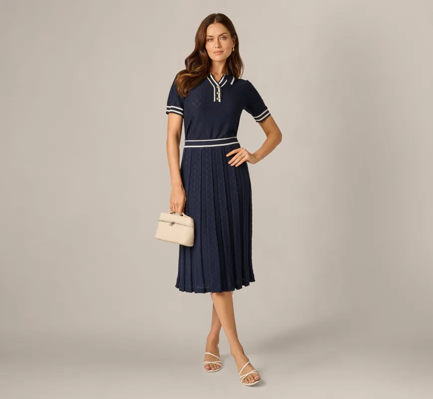 Pointelle Knit Tipped Midi Skirt In Navy Ivory made by Adrianna Papell
