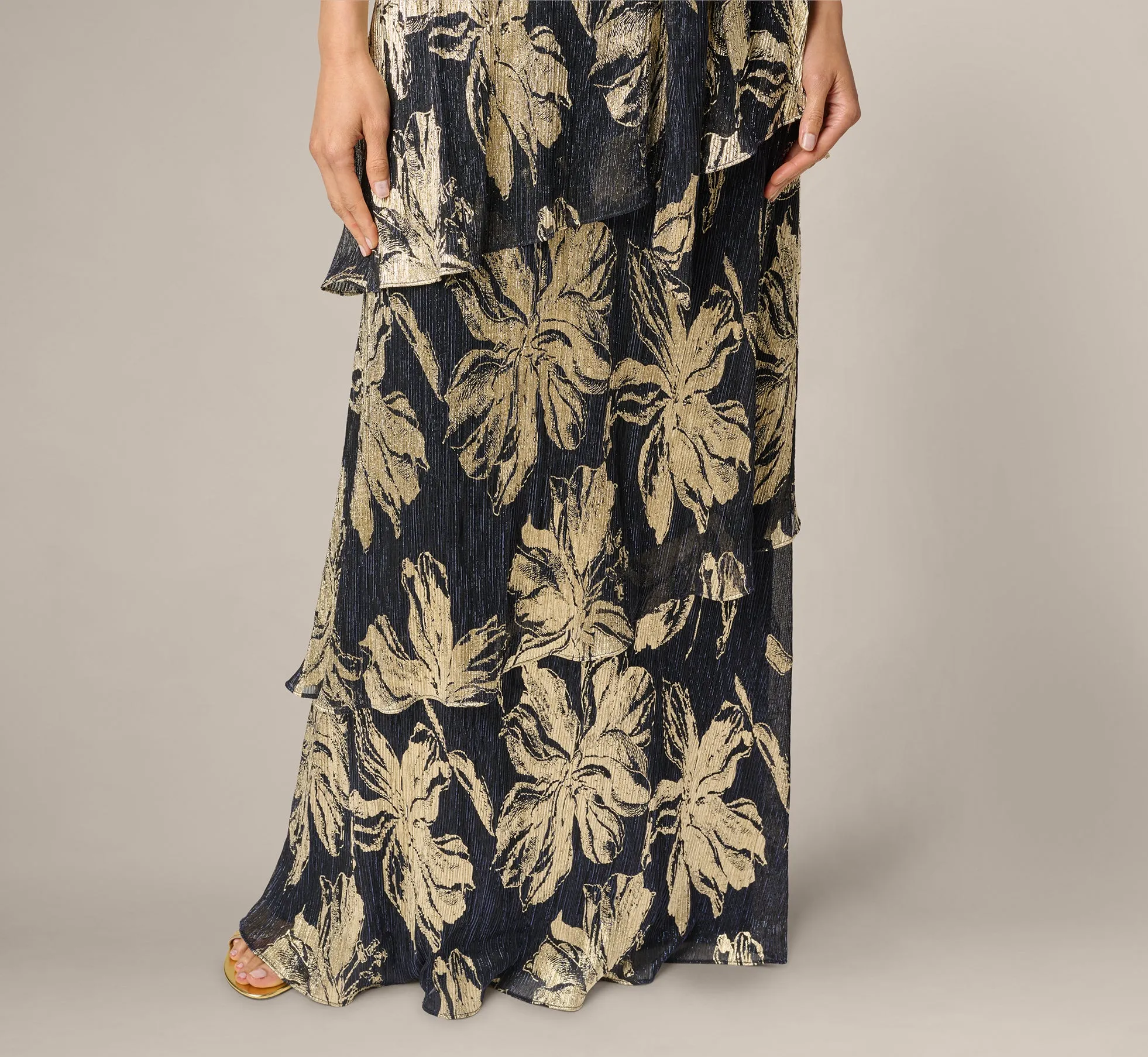 Floral Metallic Chiffon Tiered Halter Gown In Navy Gold sold by Adrianna Papell product image thumbnail 4