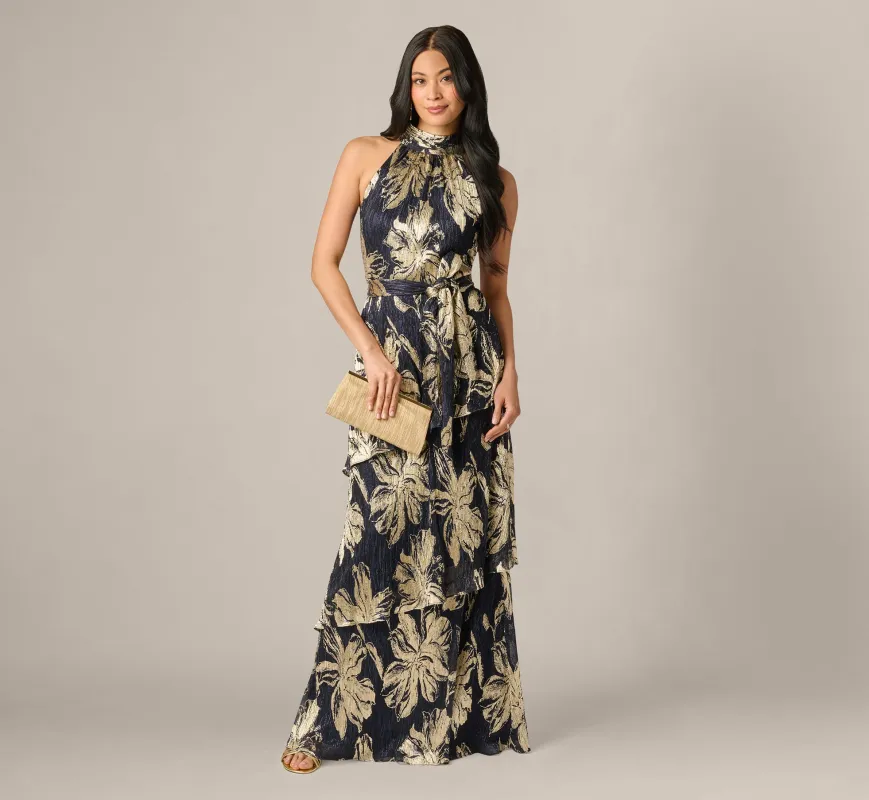 Floral Metallic Chiffon Tiered Halter Gown In Navy Gold made by Adrianna Papell