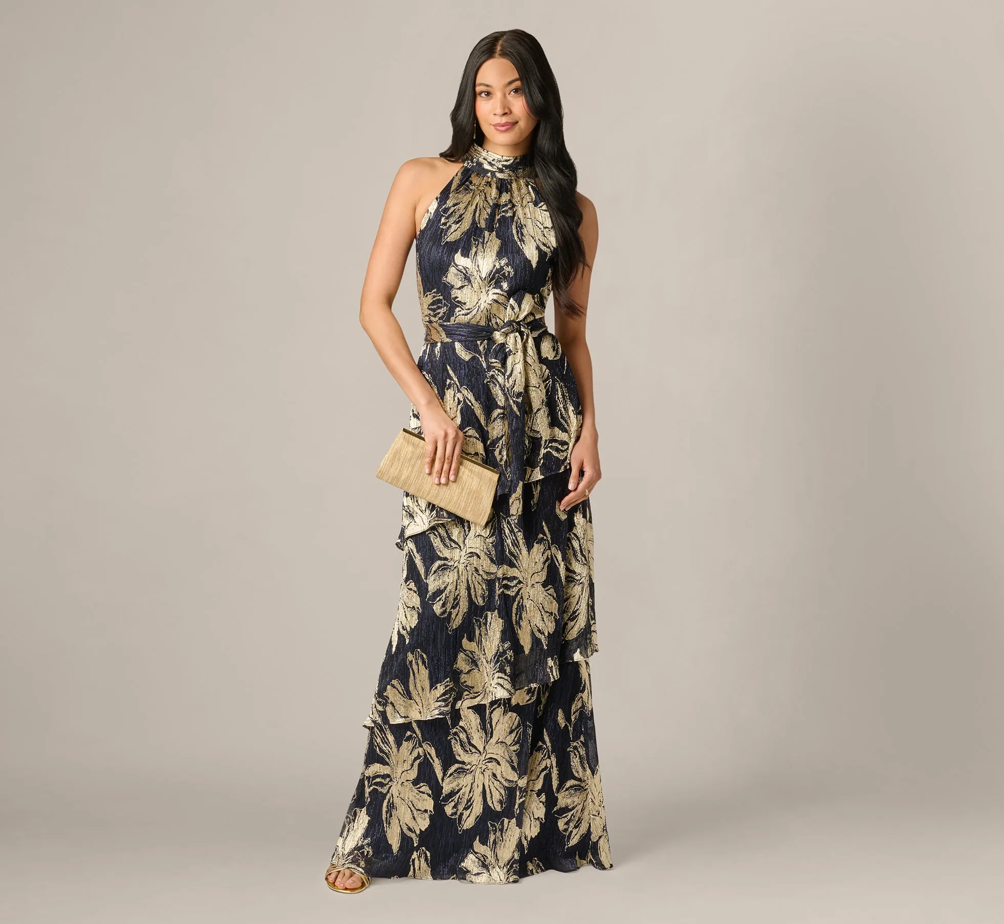 Floral Metallic Chiffon Tiered Halter Gown In Navy Gold sold by Adrianna Papell