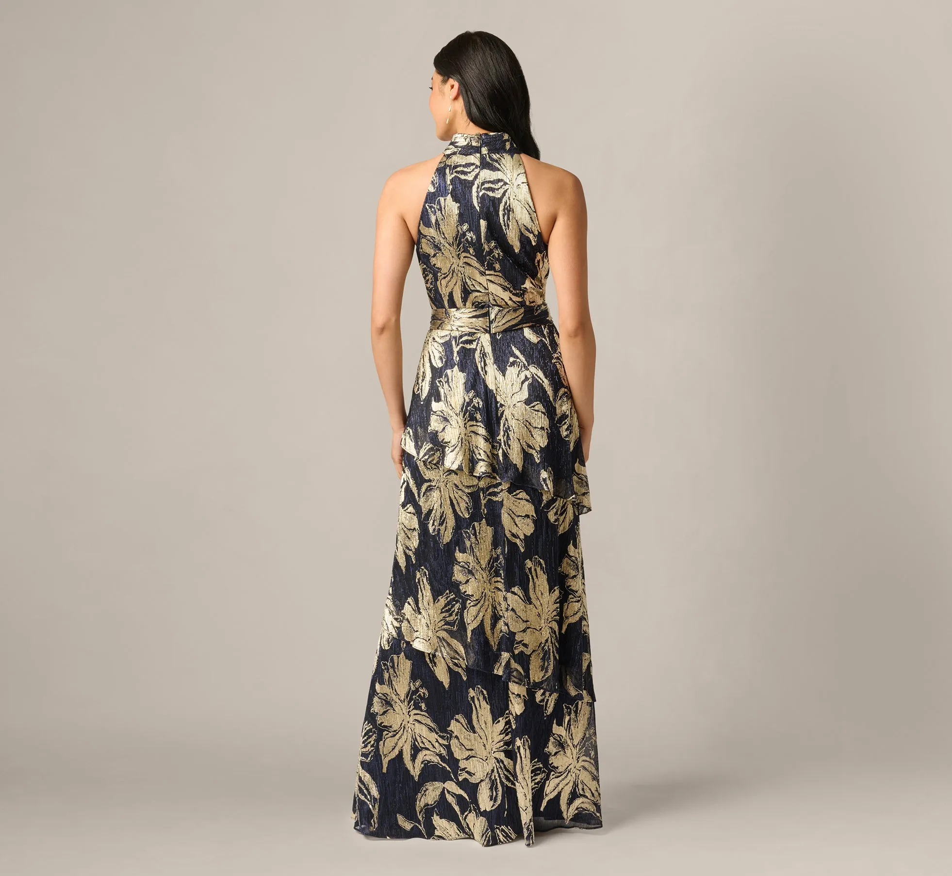 Floral Metallic Chiffon Tiered Halter Gown In Navy Gold sold by Adrianna Papell product image thumbnail 5