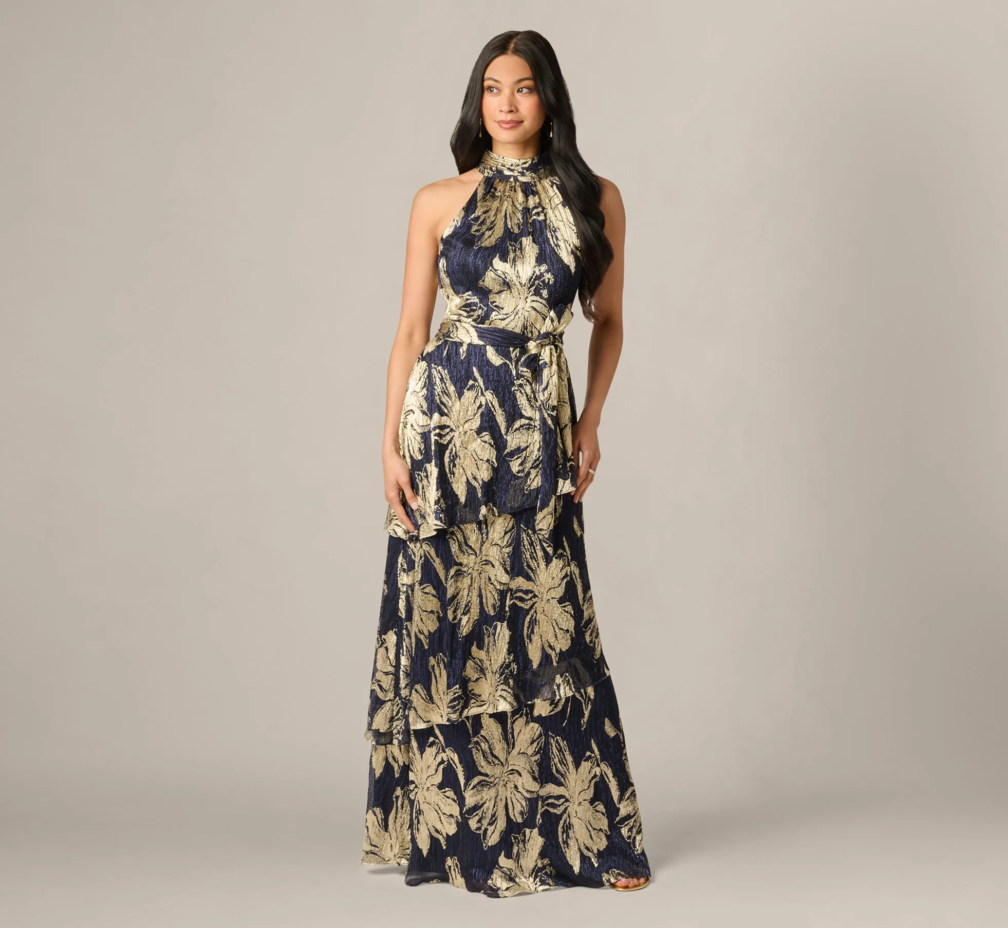 Floral Metallic Chiffon Tiered Halter Gown In Navy Gold sold by Adrianna Papell product image thumbnail 2