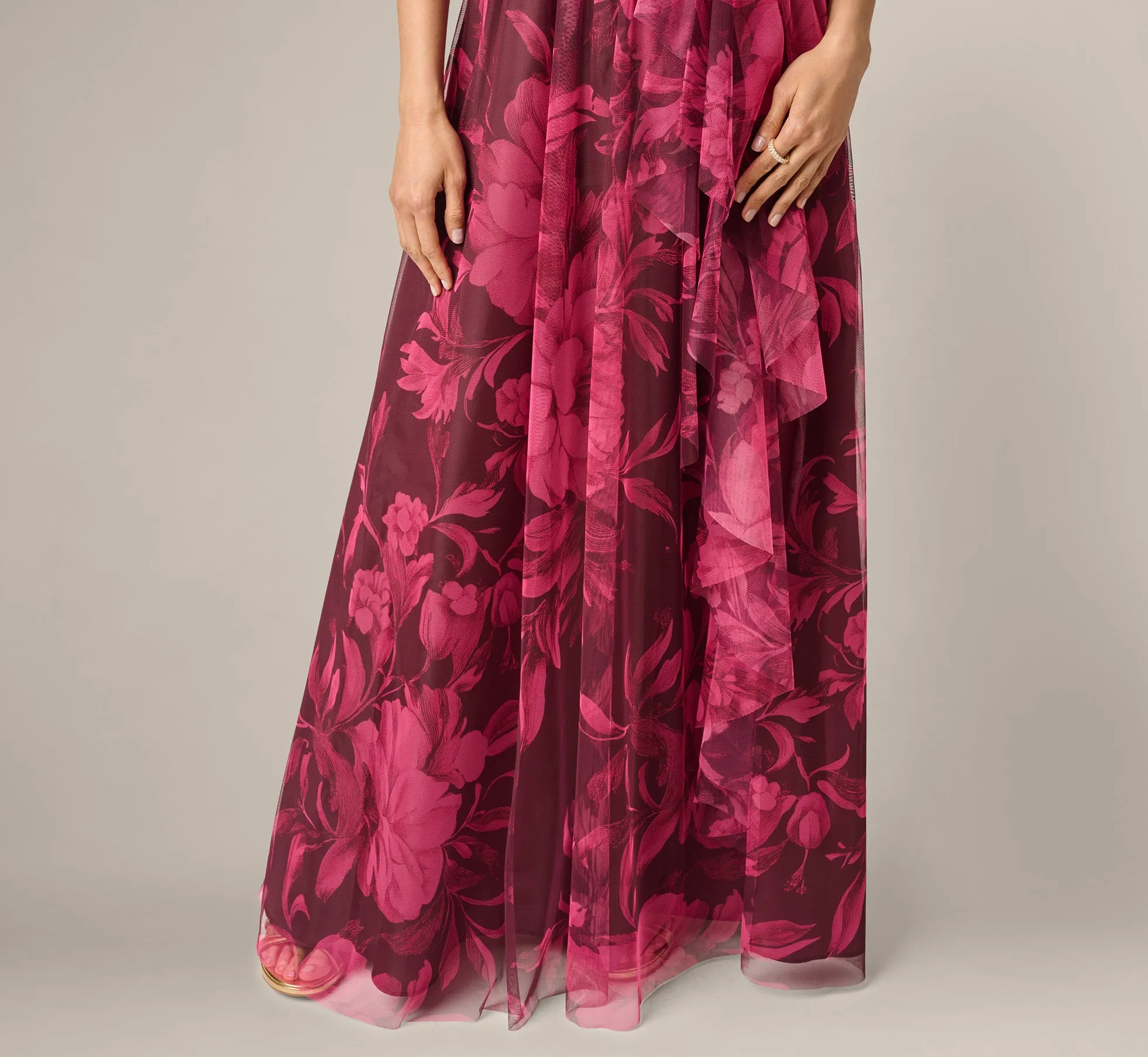 One Shoulder Twist Floral Tulle Gown In Burgundy Multi sold by Adrianna Papell product image thumbnail 4