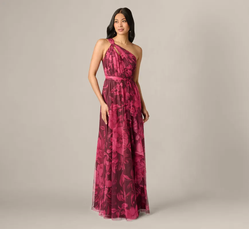 One Shoulder Twist Floral Tulle Gown In Burgundy Multi made by Adrianna Papell