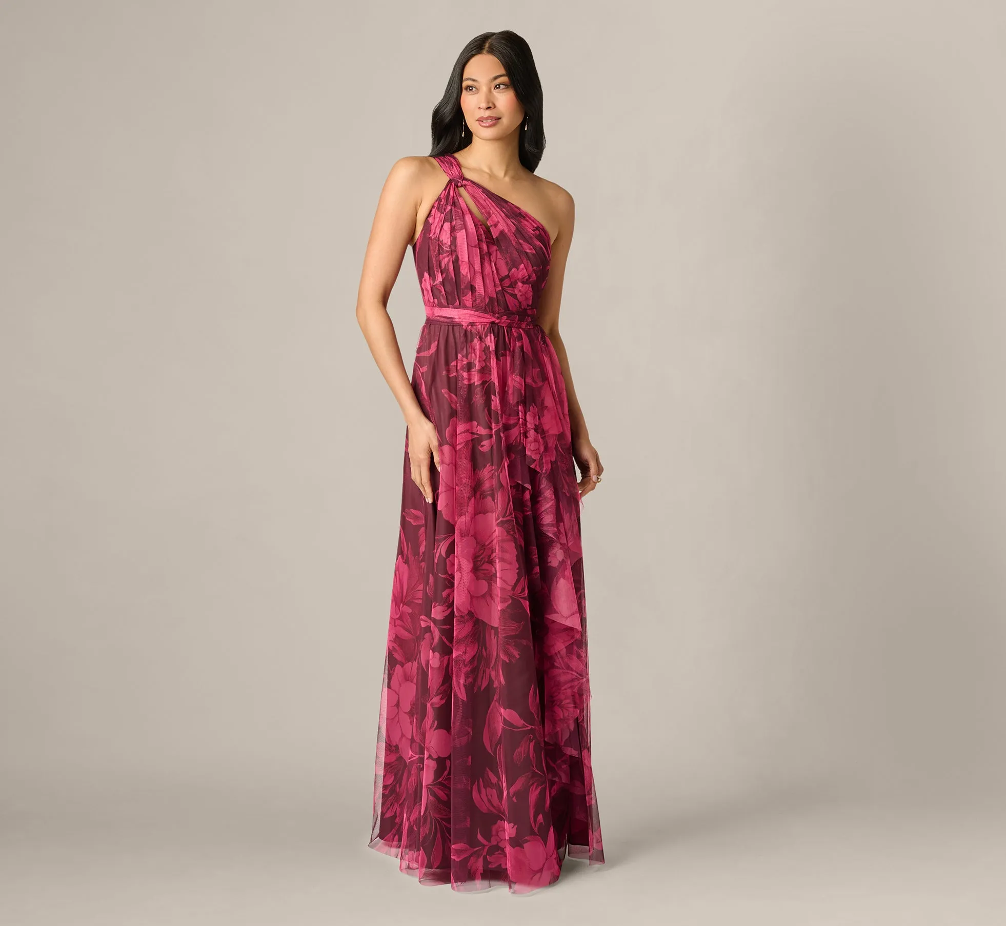 One Shoulder Twist Floral Tulle Gown In Burgundy Multi sold by Adrianna Papell
