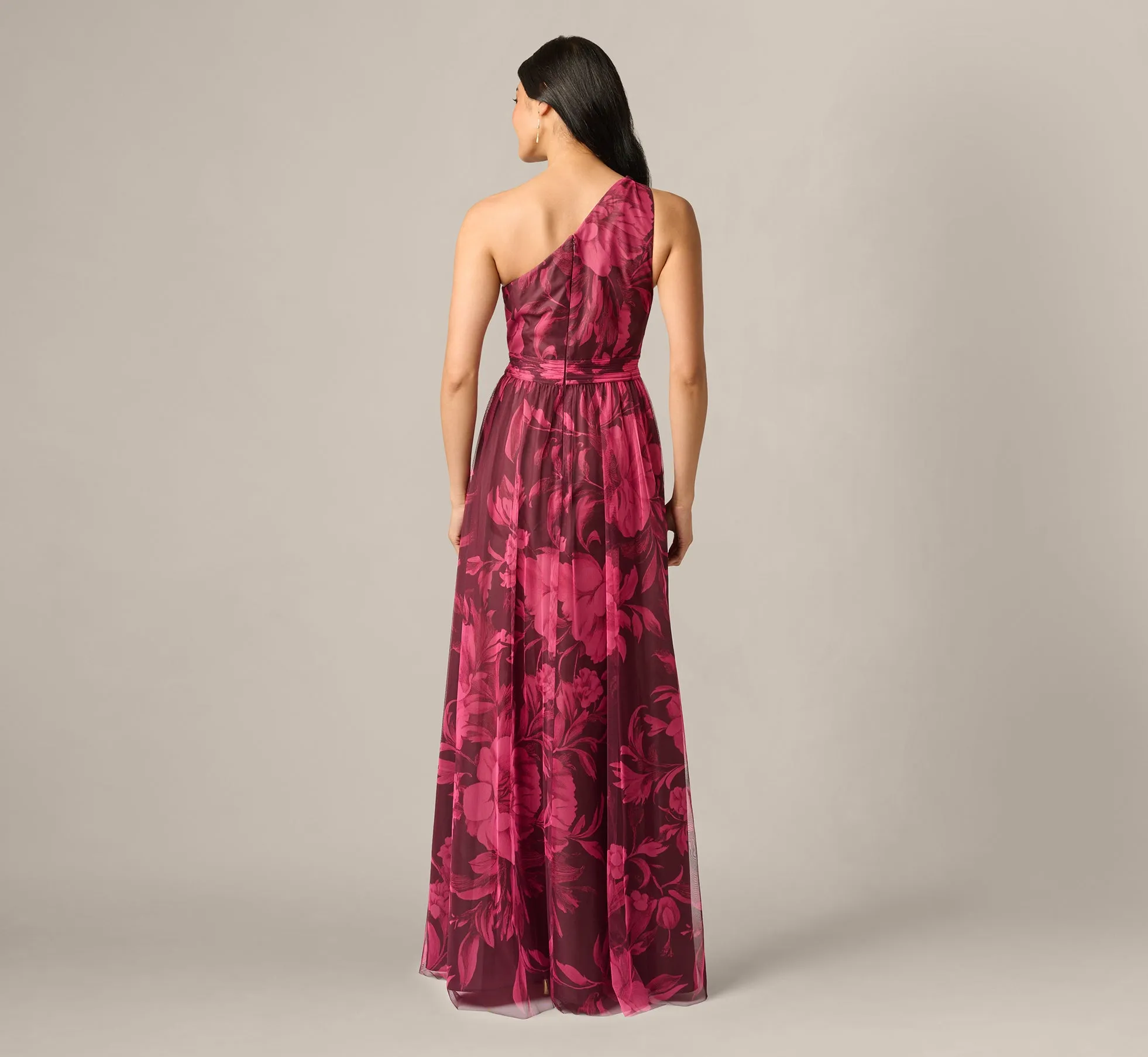 One Shoulder Twist Floral Tulle Gown In Burgundy Multi sold by Adrianna Papell product image thumbnail 5