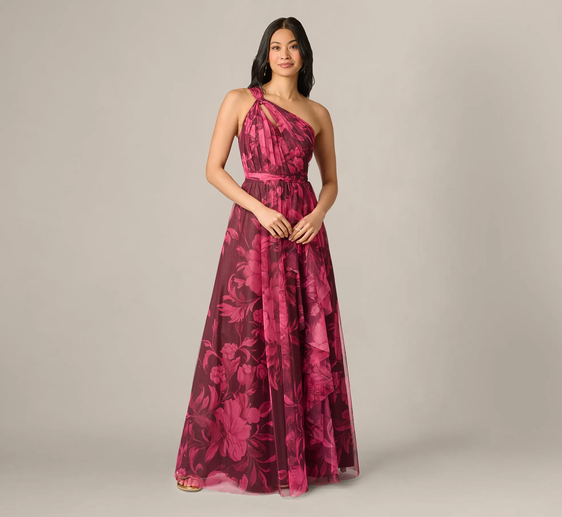 One Shoulder Twist Floral Tulle Gown In Burgundy Multi sold by Adrianna Papell product image thumbnail 2