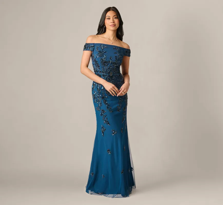 Off Shoulder Floral Beaded Stretch Crepe Mermaid Gown In Deep Blue made by Adrianna Papell