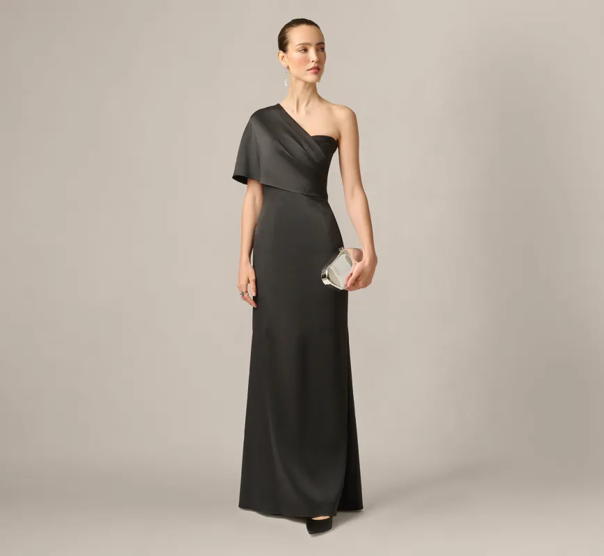 Draped One Shoulder Stretch Mikado Mermaid Gown In Black made by Aidan Mattox