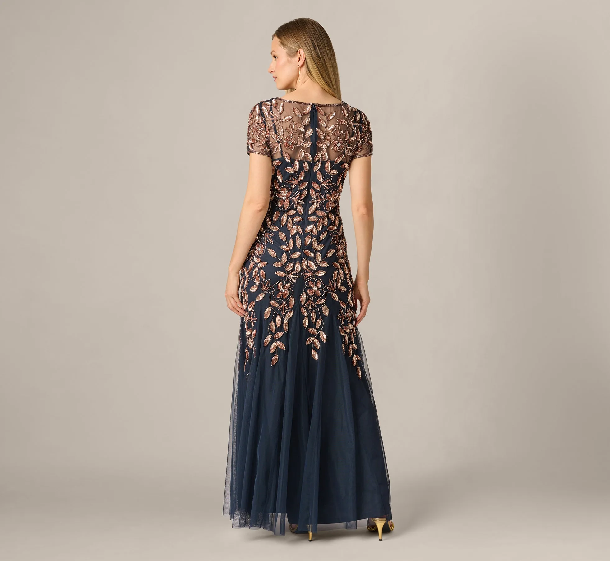 Petite Hand Beaded Short Sleeve Floral Godet Gown In Navy Rosegold sold by Adrianna Papell product image thumbnail 5