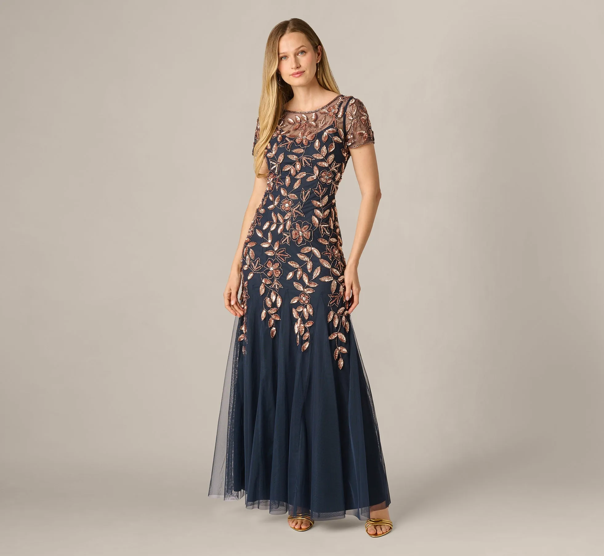 Petite Hand Beaded Short Sleeve Floral Godet Gown In Navy Rosegold sold by Adrianna Papell product image thumbnail 2