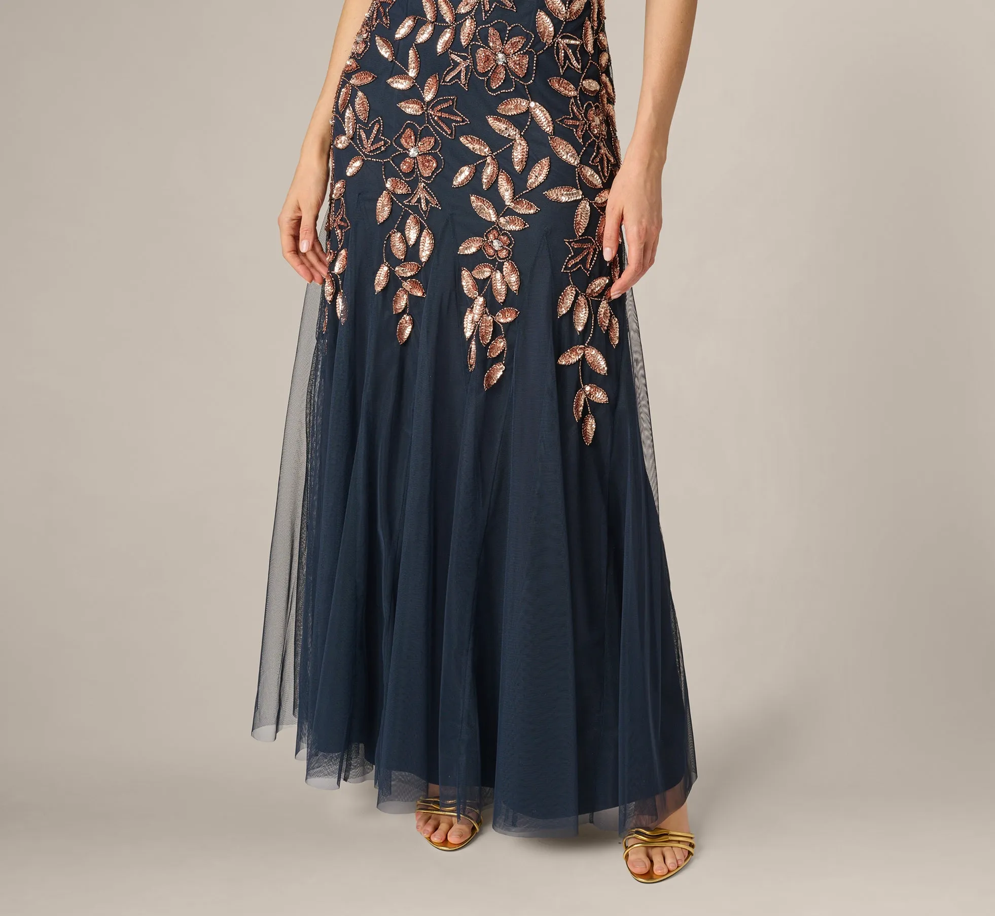 Petite Hand Beaded Short Sleeve Floral Godet Gown In Navy Rosegold sold by Adrianna Papell product image thumbnail 4