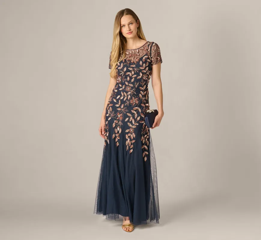 Petite Hand Beaded Short Sleeve Floral Godet Gown In Navy Rosegold made by Adrianna Papell