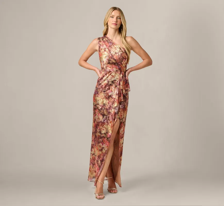 One Shoulder Metallic Floral Crinkle Chiffon Gown In Gold Multi made by Adrianna Papell