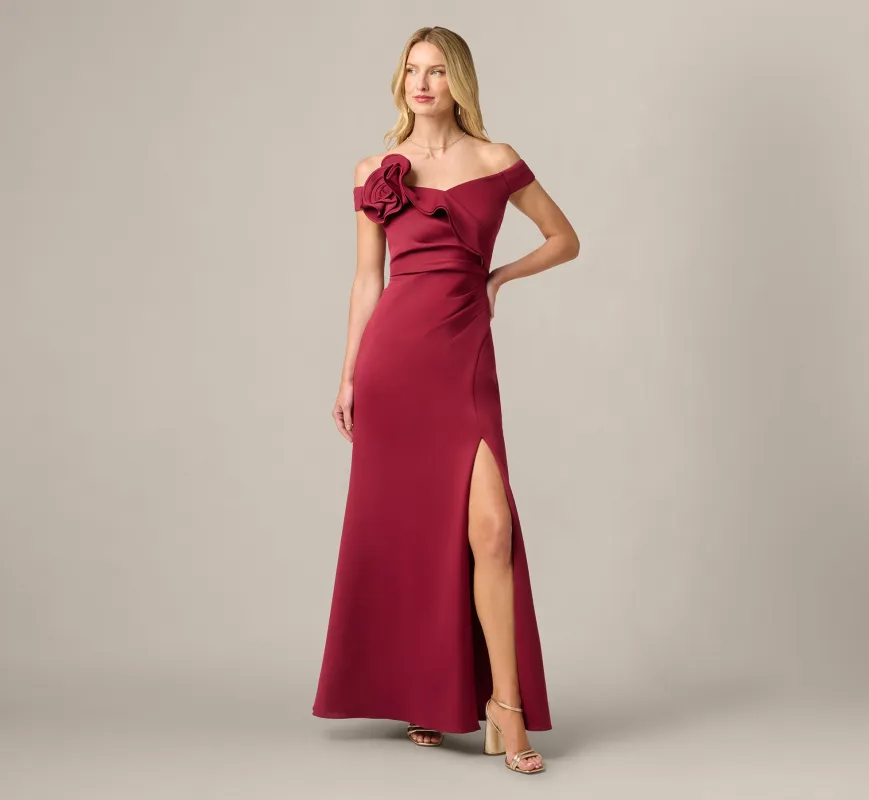 Off Shoulder Rosette Stretch Mermaid Gown In Crimson Haze made by Adrianna Papell