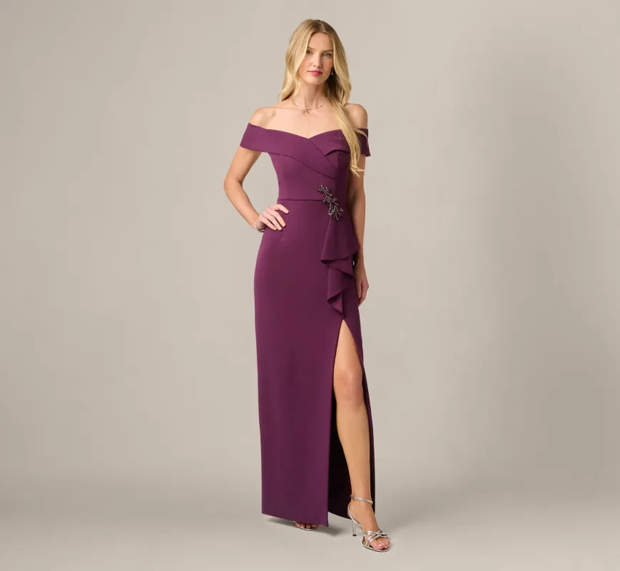 Off Shoulder Beaded Drape Stretch Formal Gown In Pinot Noir made by Adrianna Papell