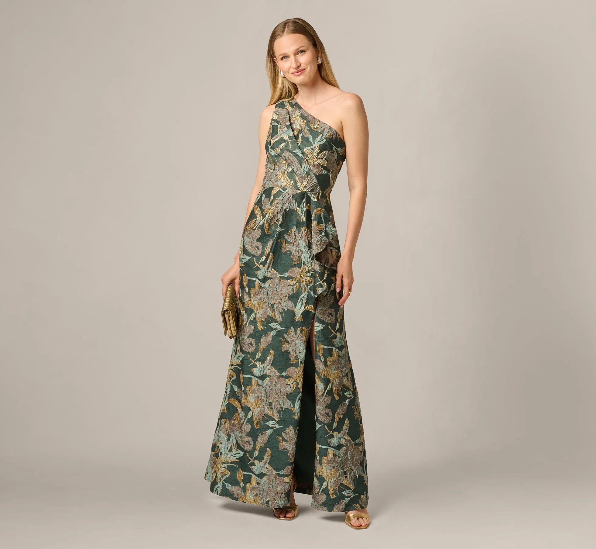 Petite One Shoulder Jacquard Dress In Green Gold sold by Adrianna Papell