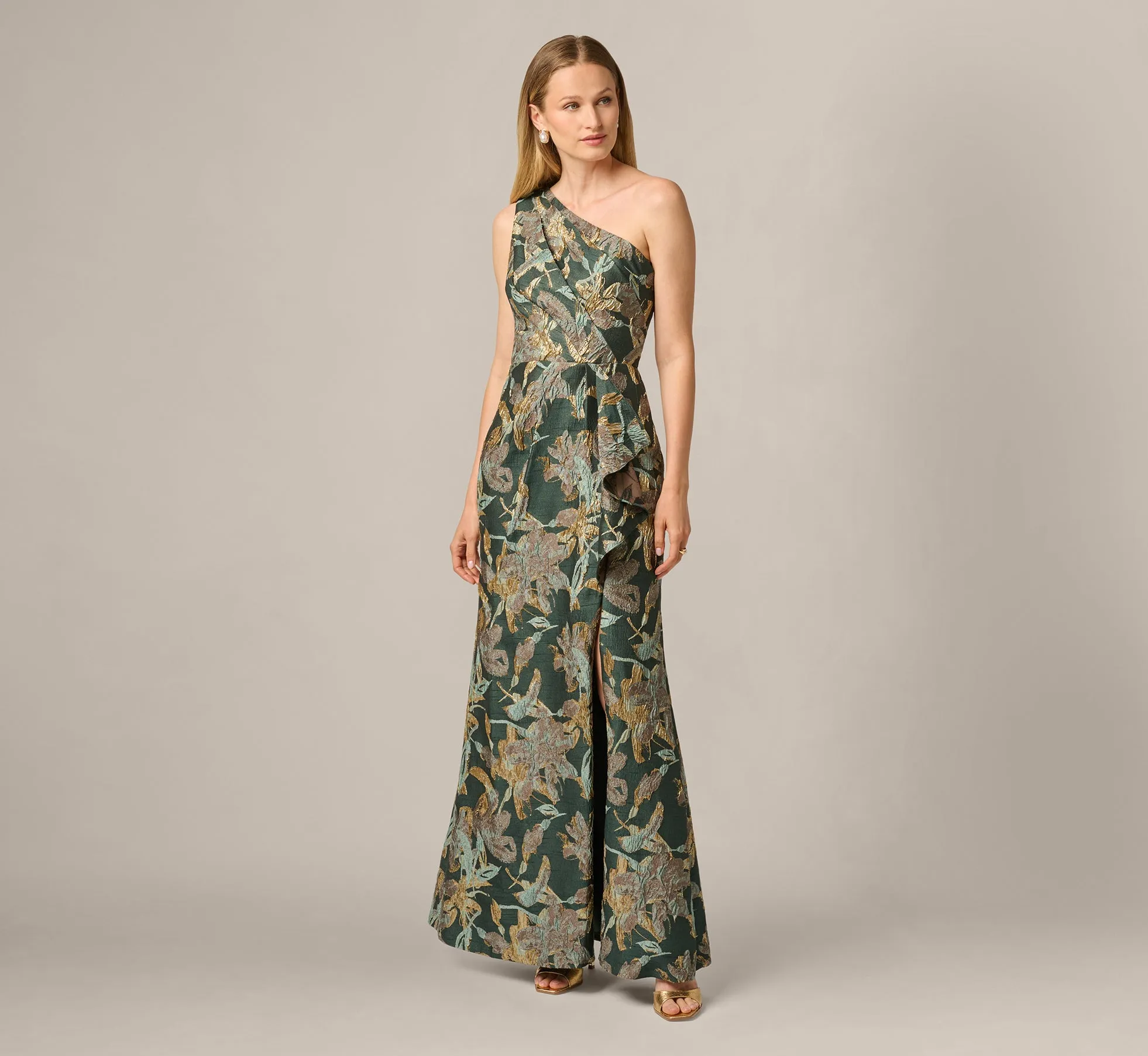 Petite One Shoulder Jacquard Dress In Green Gold sold by Adrianna Papell product image thumbnail 2
