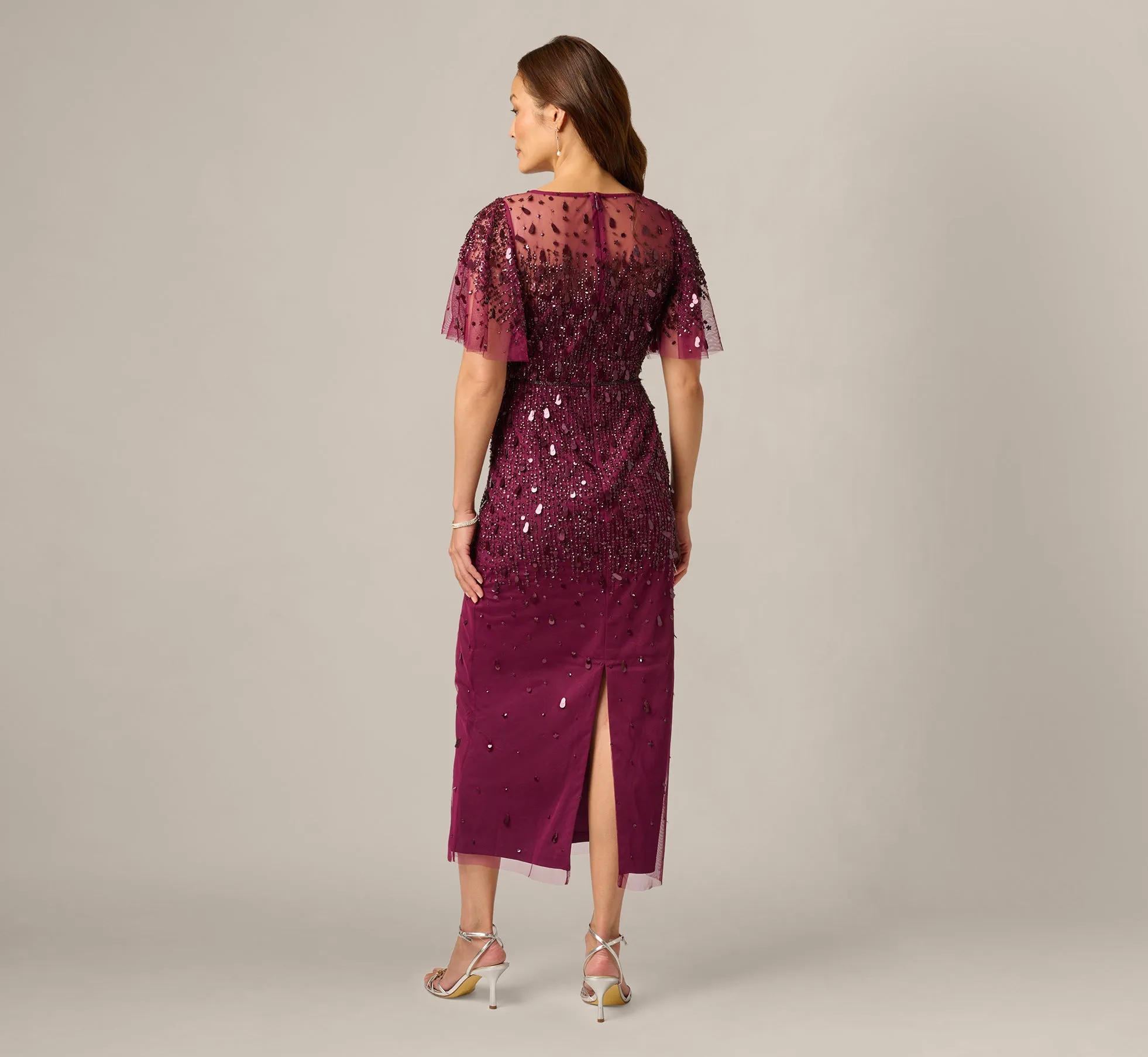 Petite Flutter Sleeve Sequin Beaded Midi Dress In Bordeaux sold by Adrianna Papell product image thumbnail 5