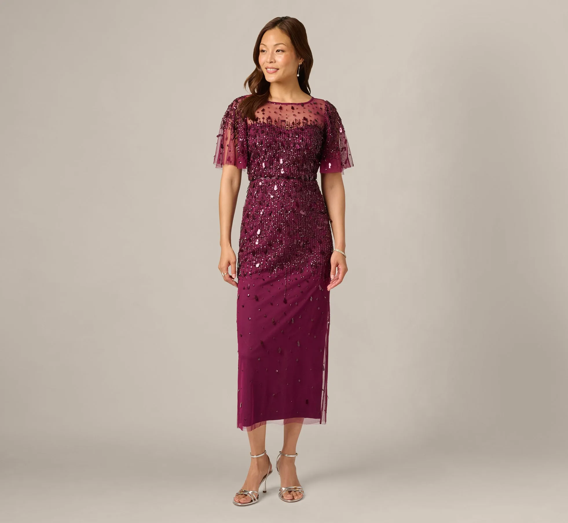 Petite Flutter Sleeve Sequin Beaded Midi Dress In Bordeaux sold by Adrianna Papell product image thumbnail 2