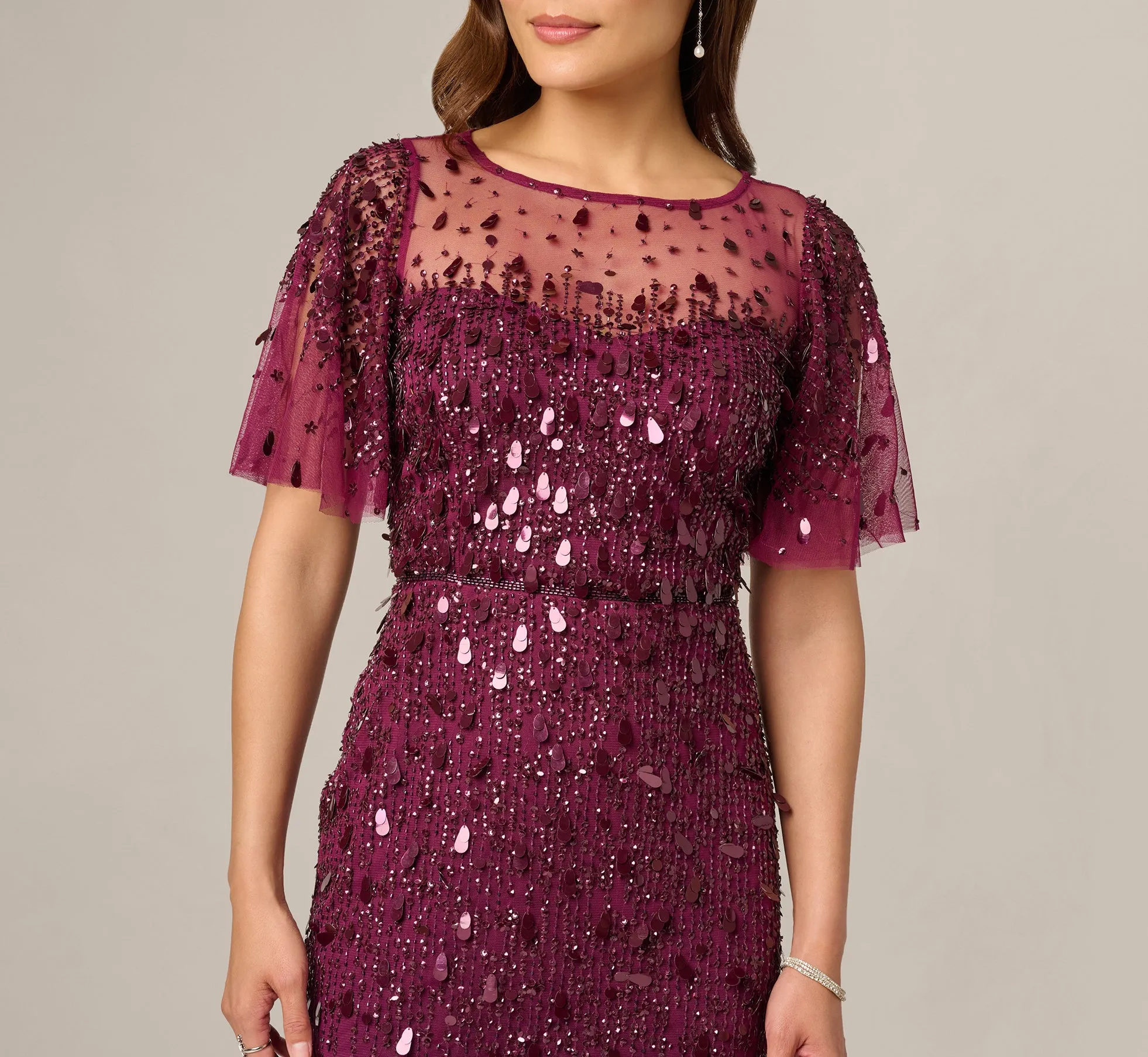 Petite Flutter Sleeve Sequin Beaded Midi Dress In Bordeaux sold by Adrianna Papell product image thumbnail 3