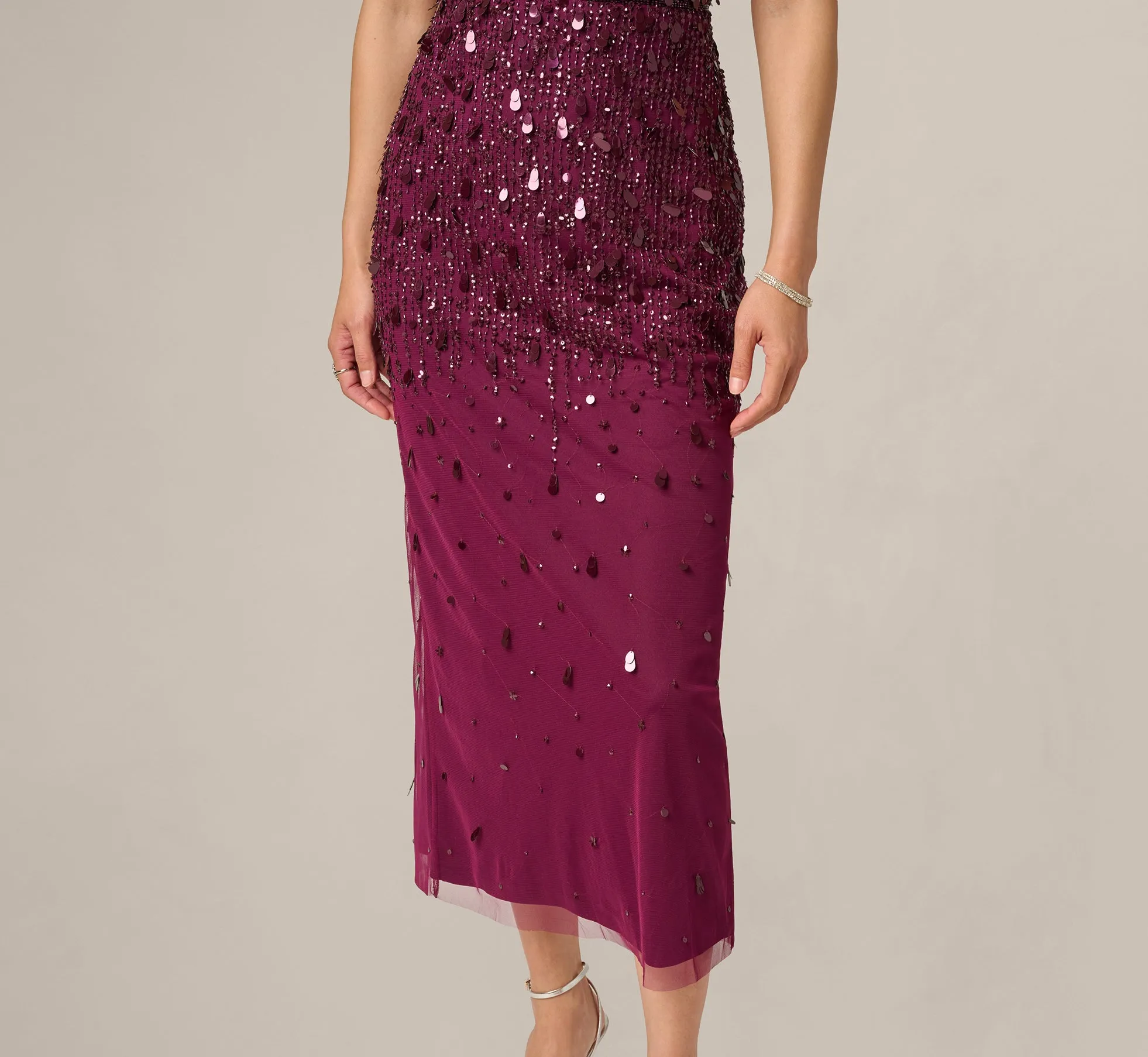 Petite Flutter Sleeve Sequin Beaded Midi Dress In Bordeaux sold by Adrianna Papell product image thumbnail 4