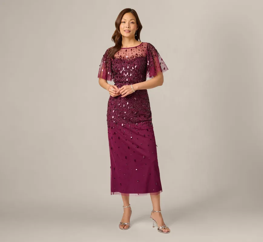 Petite Flutter Sleeve Sequin Beaded Midi Dress In Bordeaux made by Adrianna Papell