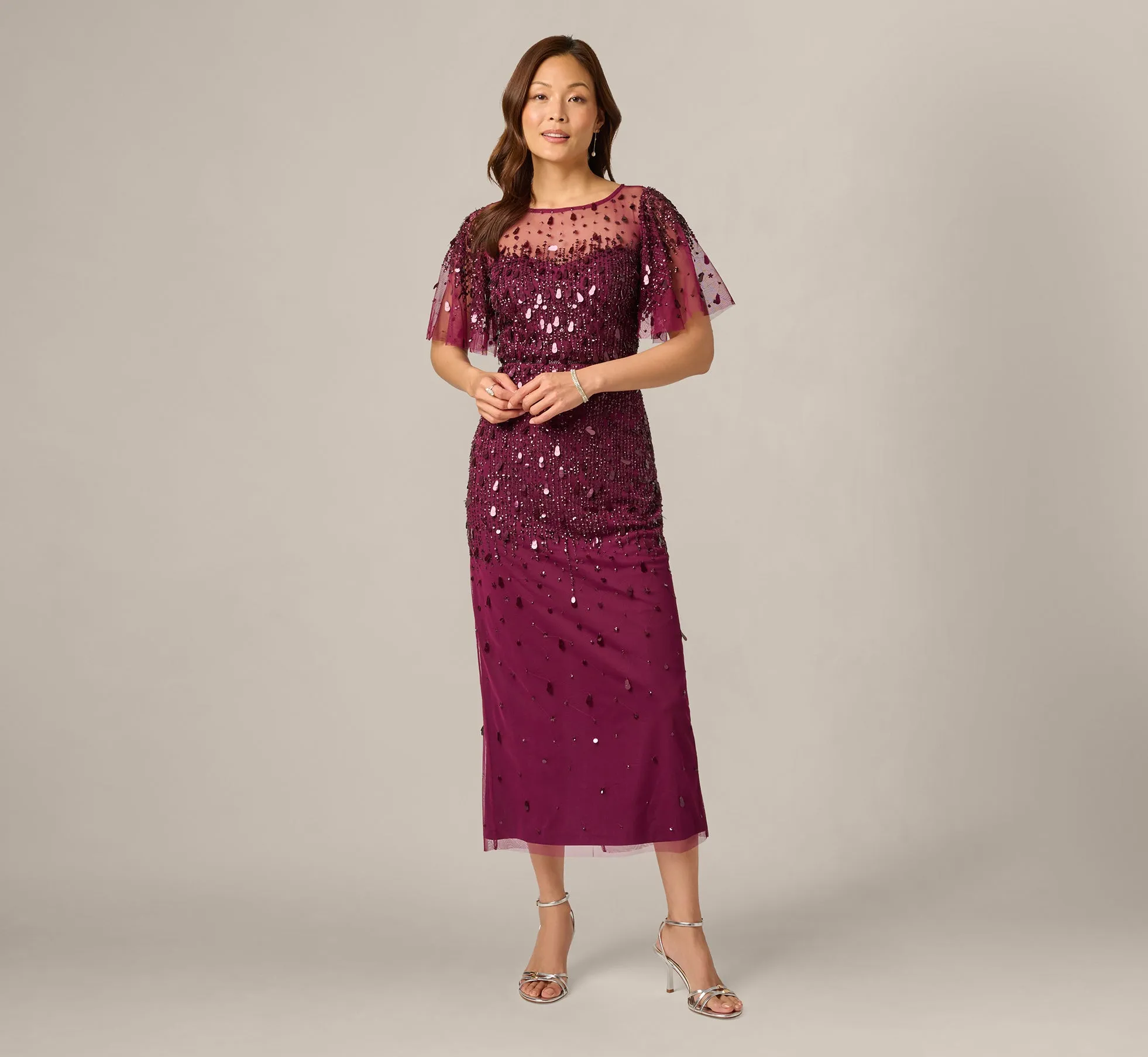 Petite Flutter Sleeve Sequin Beaded Midi Dress In Bordeaux sold by Adrianna Papell
