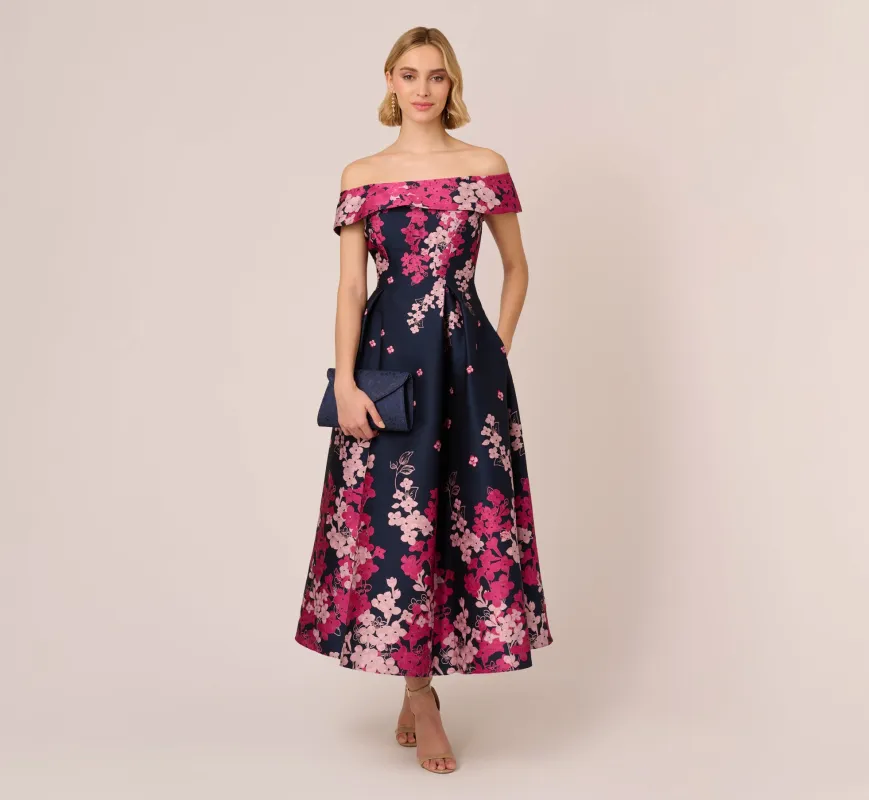 Petite Floral Jacquard Ankle Length Dress With Off The Shoulder Neckline In Navy Pink Multi made by Adrianna Papell