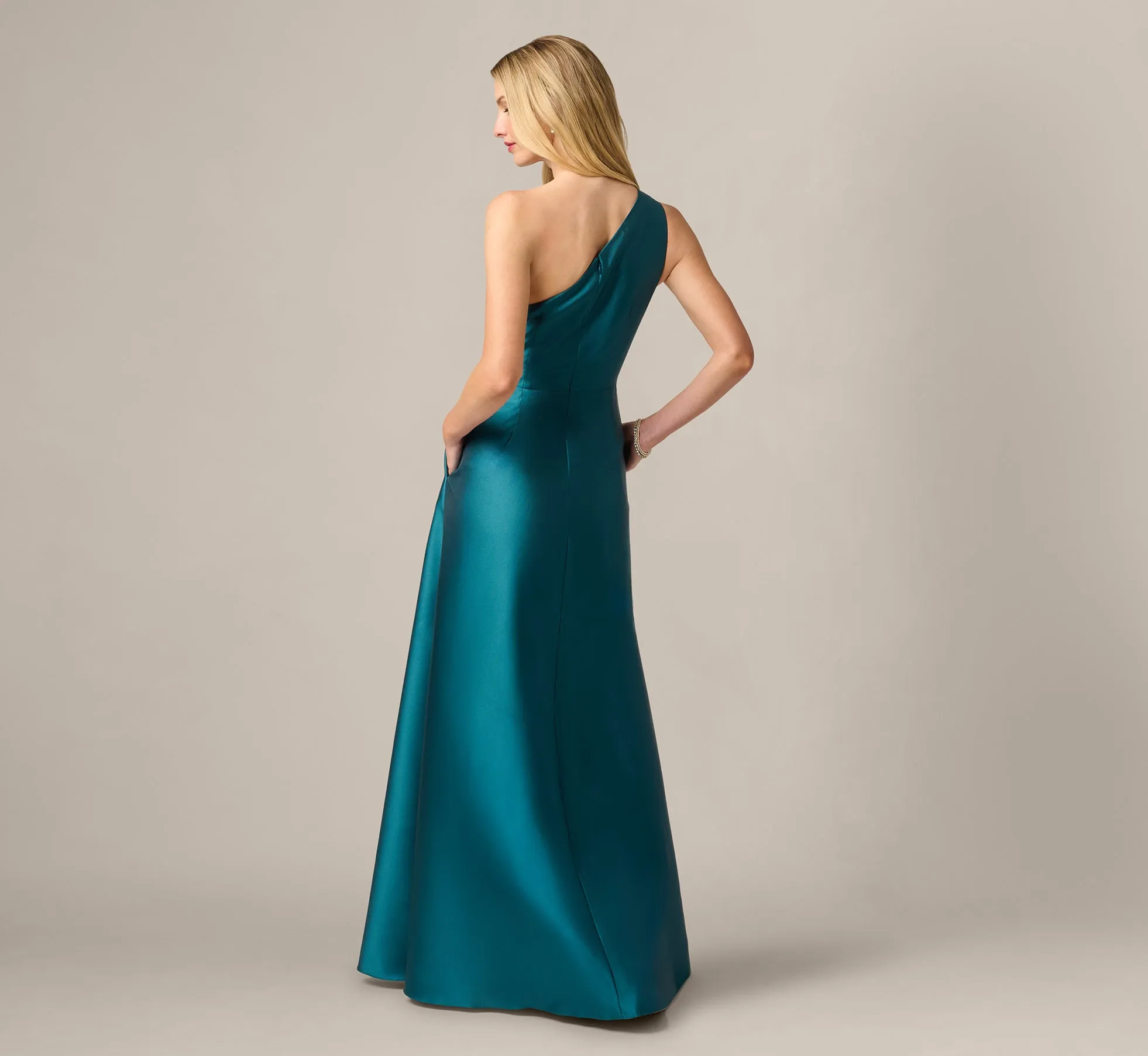 One Shoulder Mikado Asymmetrical Pleated Ballgown In Hunter sold by Adrianna Papell product image thumbnail 5