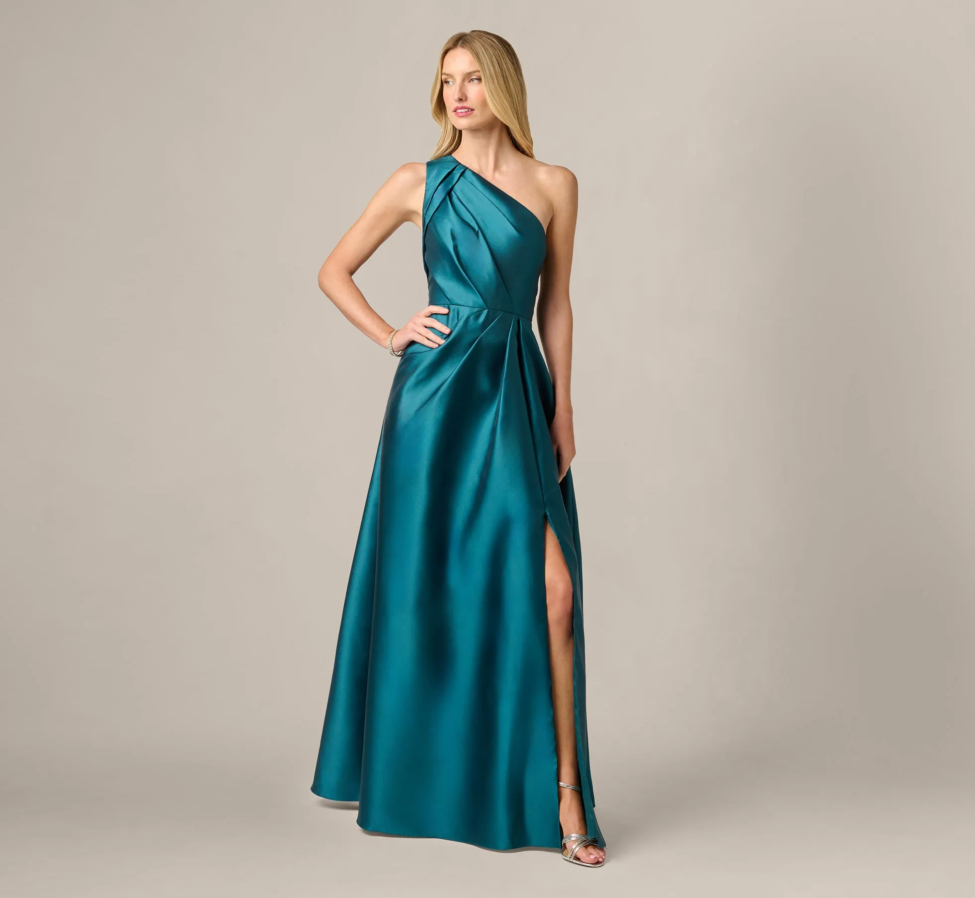 One Shoulder Mikado Asymmetrical Pleated Ballgown In Hunter sold by Adrianna Papell product image thumbnail 2