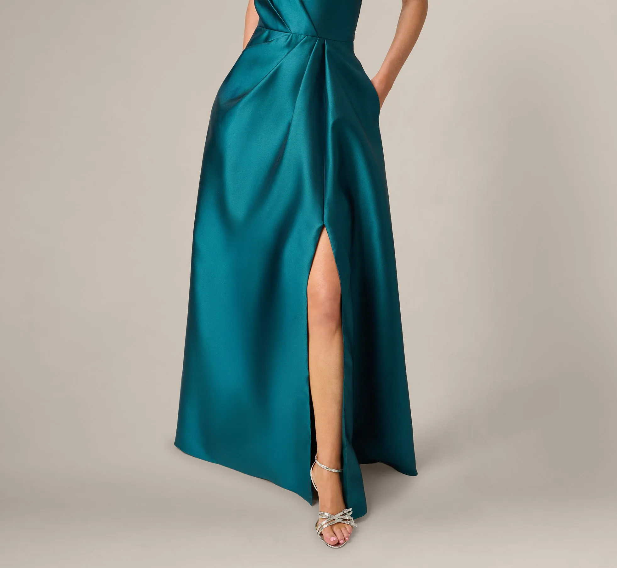 One Shoulder Mikado Asymmetrical Pleated Ballgown In Hunter sold by Adrianna Papell product image thumbnail 4
