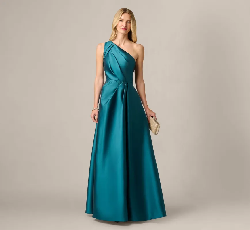 One Shoulder Mikado Asymmetrical Pleated Ballgown In Hunter made by Adrianna Papell