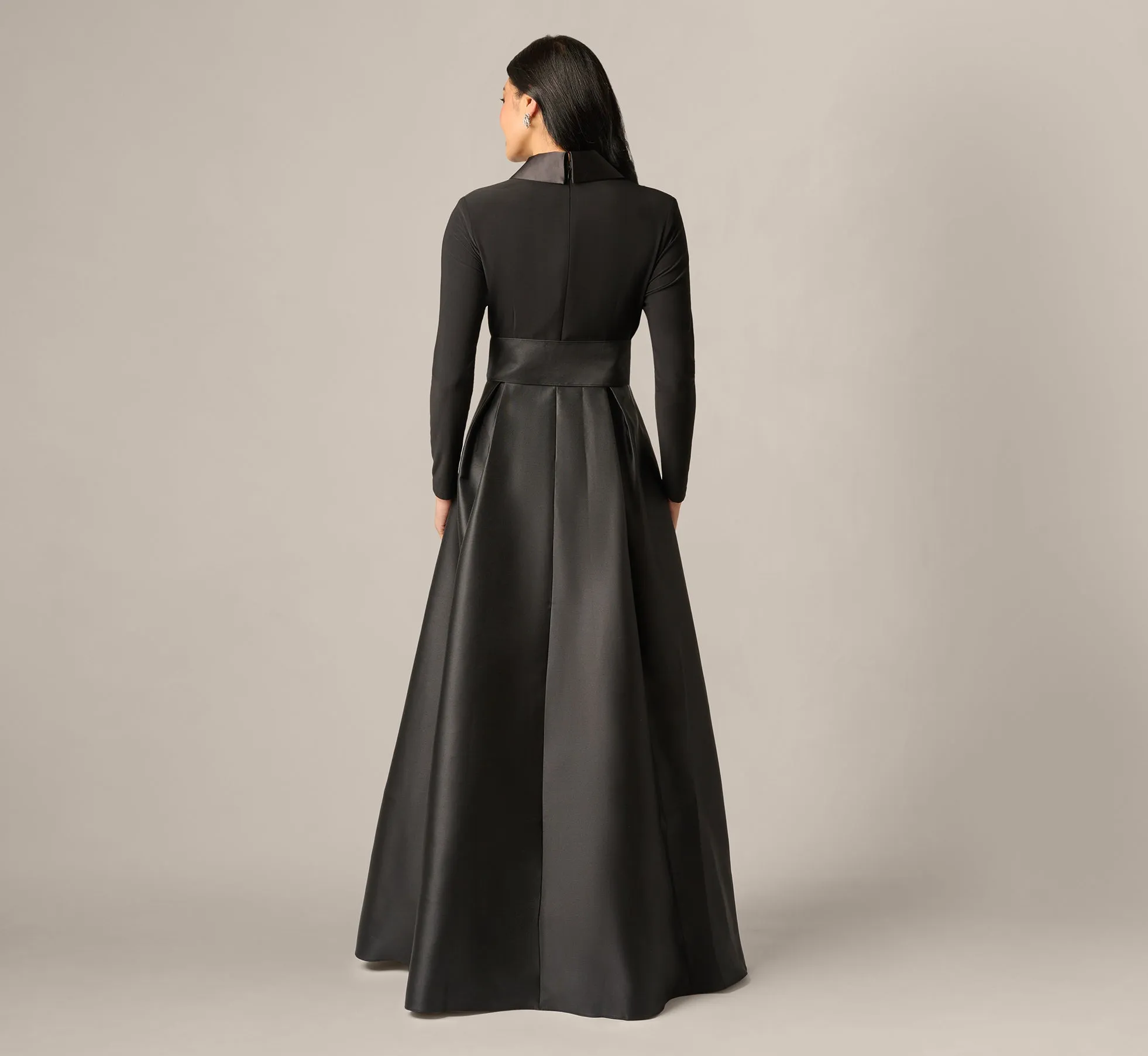 Long Sleeve Sash Belt Tuxedo Combo Gown In Black sold by Adrianna Papell product image thumbnail 5