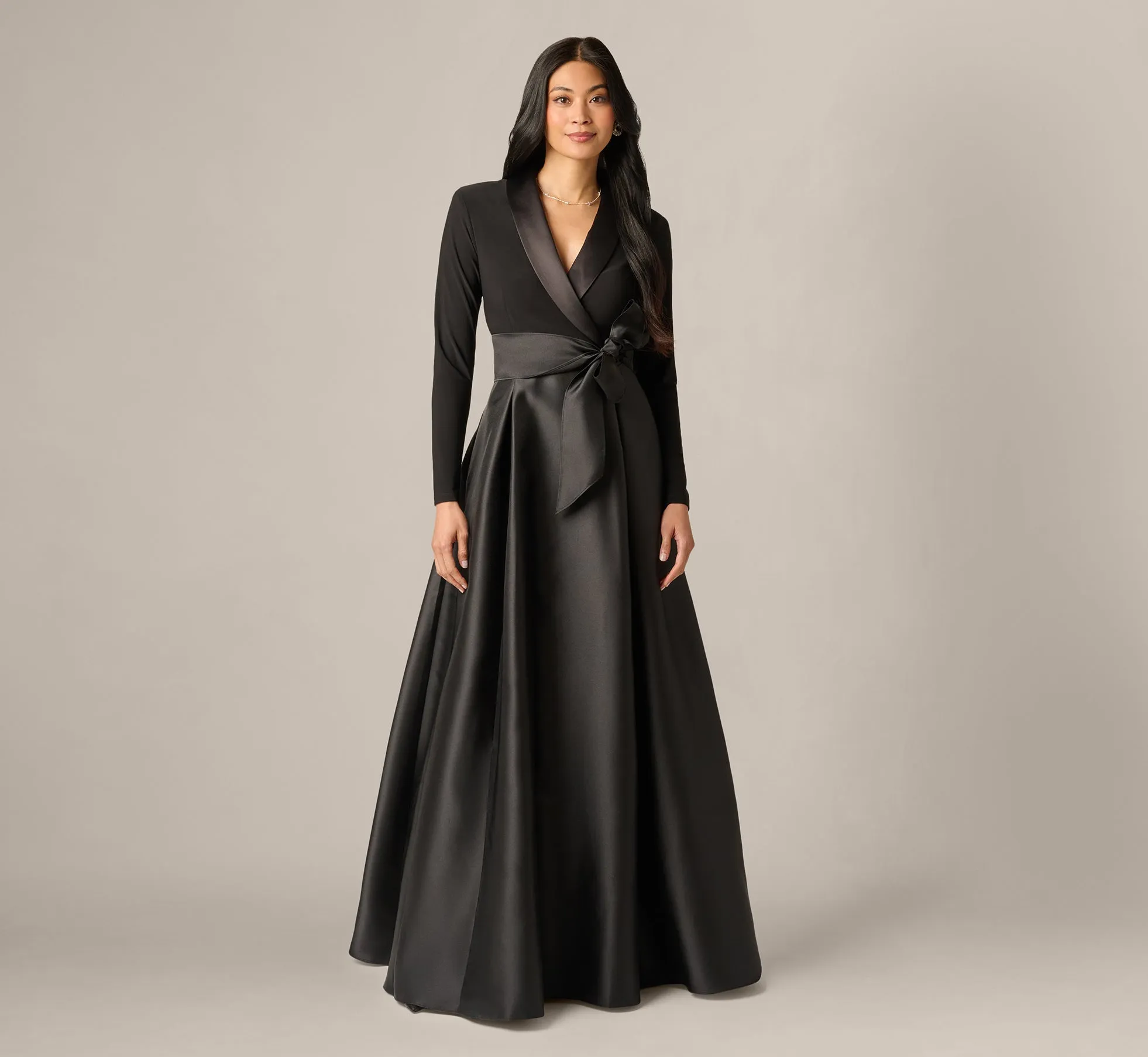 Long Sleeve Sash Belt Tuxedo Combo Gown In Black sold by Adrianna Papell product image thumbnail 2