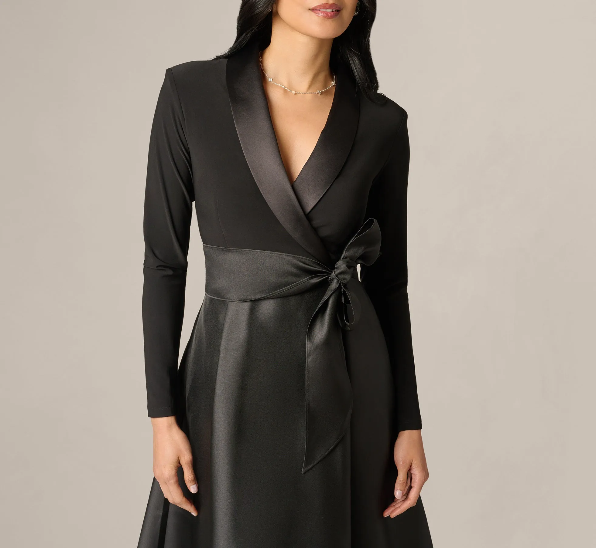 Long Sleeve Sash Belt Tuxedo Combo Gown In Black sold by Adrianna Papell product image thumbnail 4