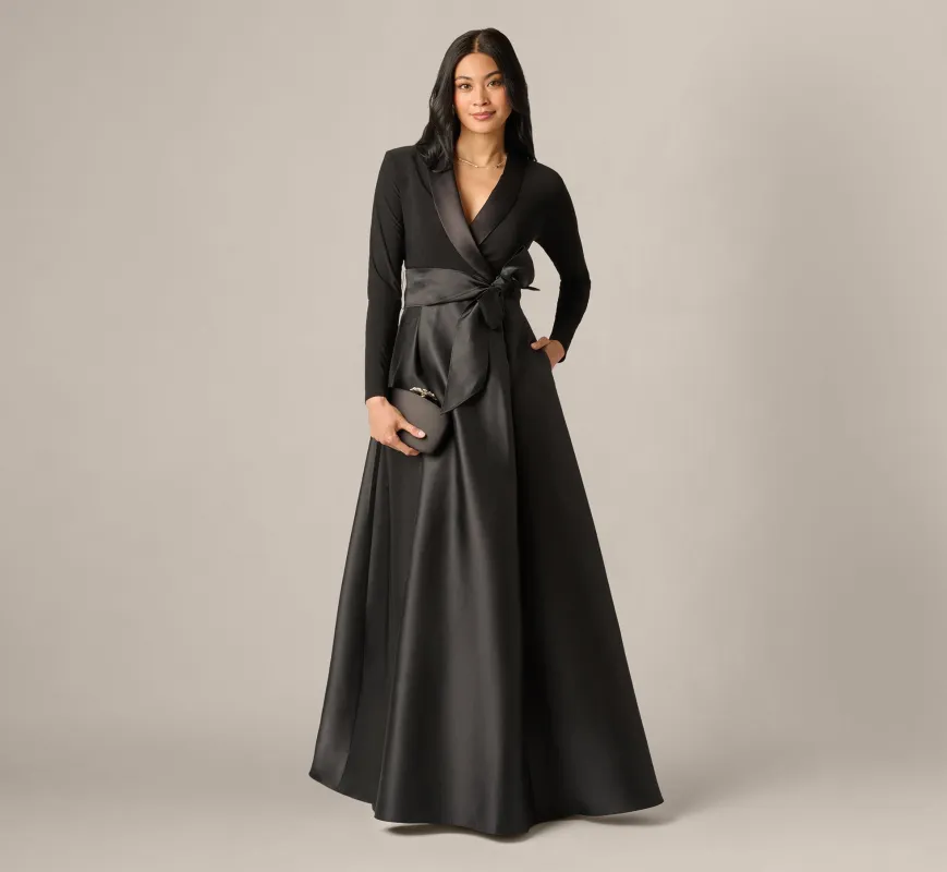 Long Sleeve Sash Belt Tuxedo Combo Gown In Black made by Adrianna Papell
