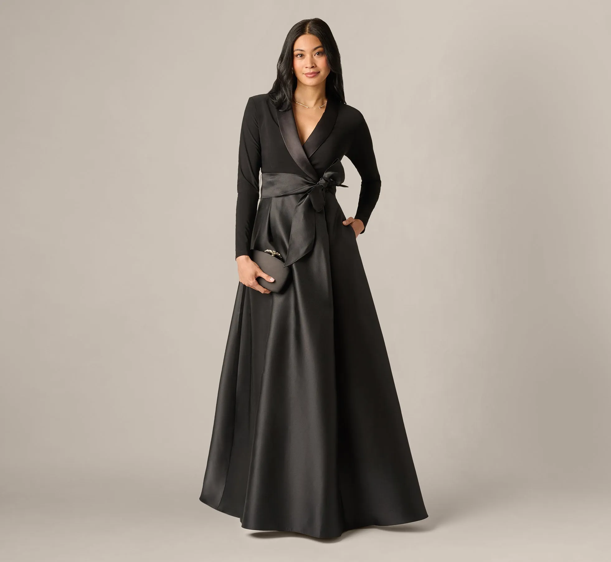 Long Sleeve Sash Belt Tuxedo Combo Gown In Black sold by Adrianna Papell
