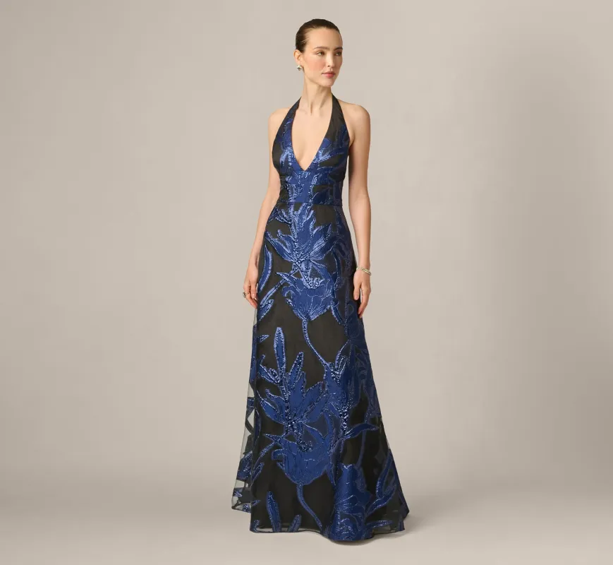 Floral Organza Jacquard Plunge Halter Gown In Navy Black made by Aidan Mattox