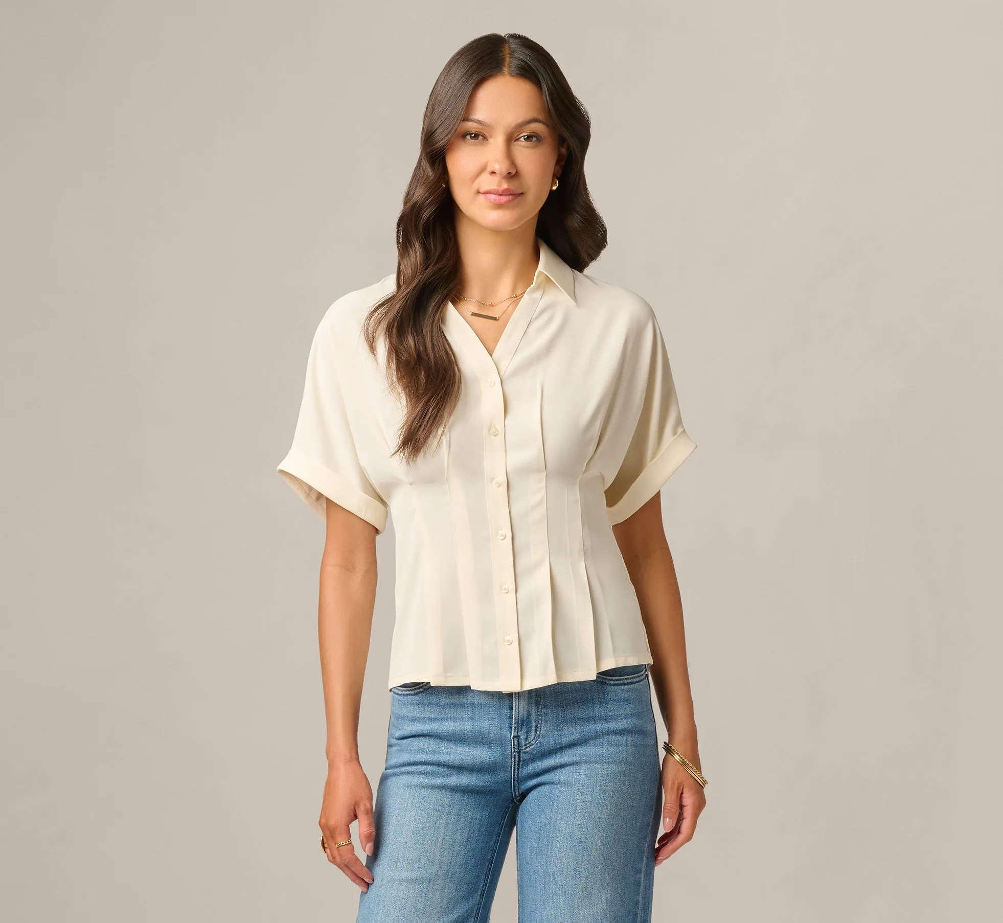 Short Sleeve Semisheer Pleated Blouse In Pastry Cream sold by Adrianna Papell product image thumbnail 3
