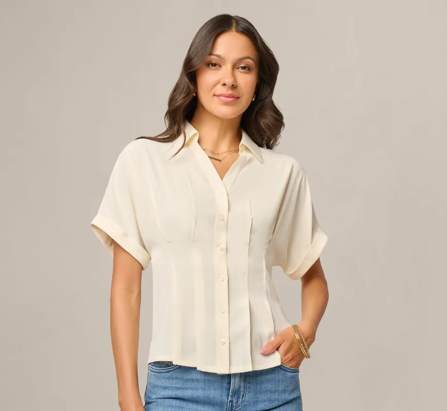 Short Sleeve Semisheer Pleated Blouse In Pastry Cream made by Adrianna Papell